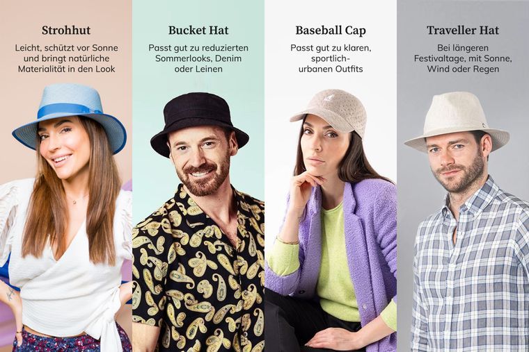 Festival Outfit-Varianten: Strohhut, Bucket Hat, Baseball Cap, Traveller Hat. Festival Outfit-Varianten: Strohhut, Bucket Hat, Baseball Cap, Traveller Hat.